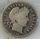 1916 S Barber Dime 90% Silver San Francisco Mint Liberty Head USA Coin