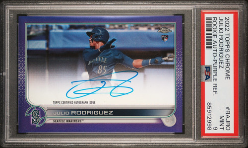 2022 TOPPS CHROME JULIO RODRIGUEZ ROOKIE AUTO PURPLE REFRACTOR /250 MINT PSA 9