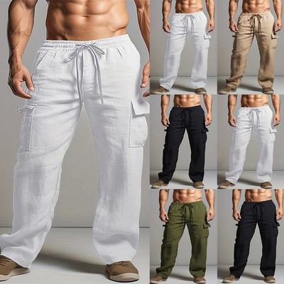 Herren Lang Hosen Strandhose Cargohose Sommer Jogginghose Kordelzug Stoffhose DE
