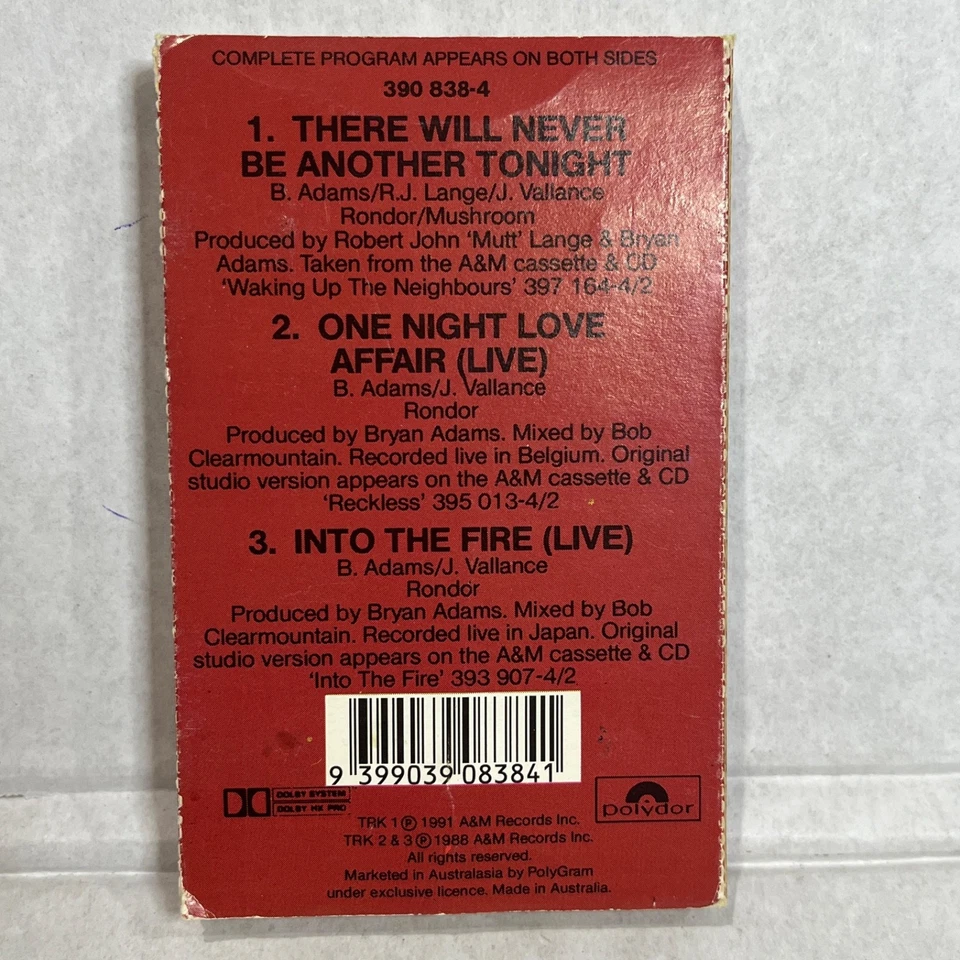 Bryan Adams There Will Never Be Another Tonight Cassette Tape 1988 Vintage Rare - Image 2 of 4