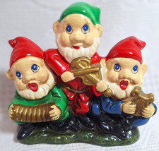 Vtg 50s Chalkware Trio of Elves Gnomes Band Instruments Wind Up Music Star Japan