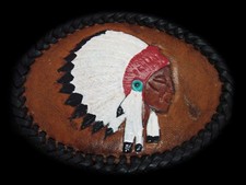 TI11136 REALLY NICE VINTAGE 1970s  INDIAN CHIEF  LEATHER BELT BUCKLE