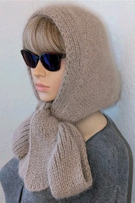 Knitted Angora Hood with ties, Knitted Angora Scarf-Bonnet, Knitted Wool hat