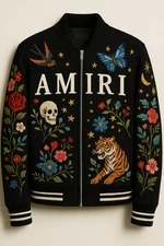 Amiri Black Varsity Jacket with Single Red Rose Embroidery – Premium Streetwear