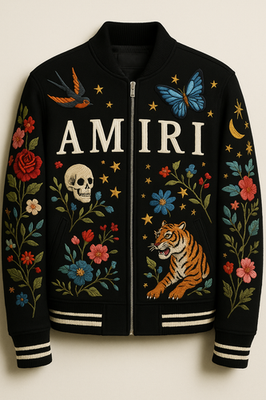 Amiri Black Varsity Jacket with Single Red Rose Embroidery