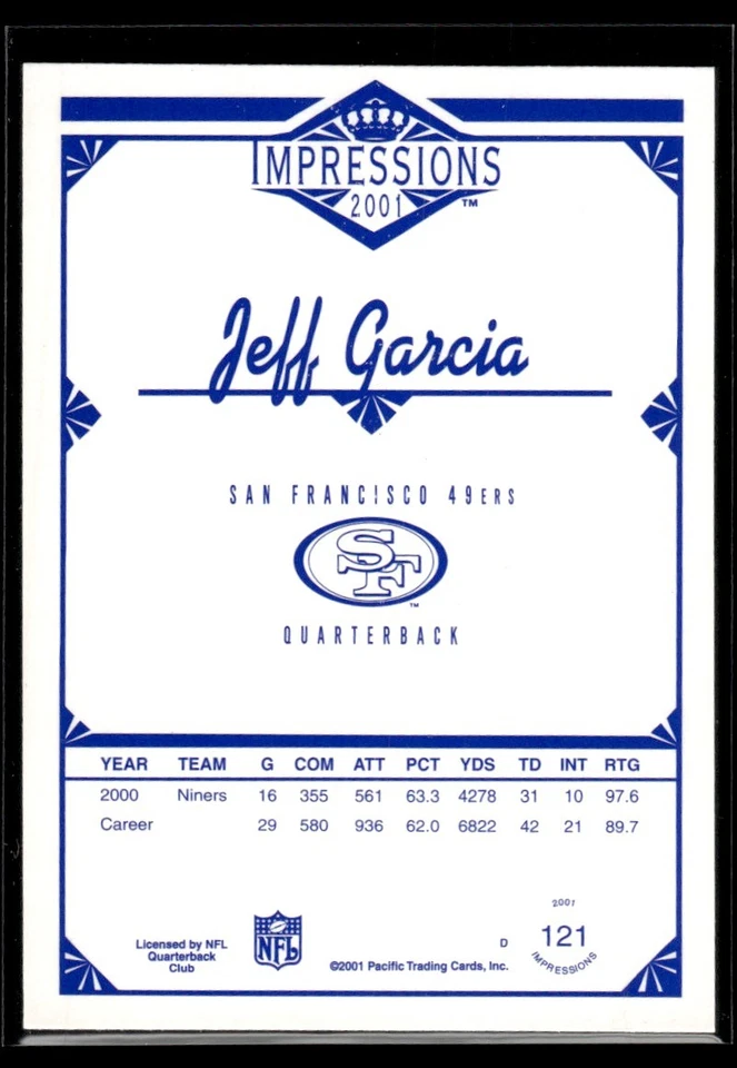 2001 Pacific Canvas Impressions Jeff Garcia San Francisco 49ers #121 - Image 2 of 2