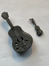 Vintage Torino Pewter Guitar Brooch w/ compartment & charm