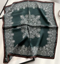 100% Silk 20" small Scarf Women neckerchief Wrap green brown soft