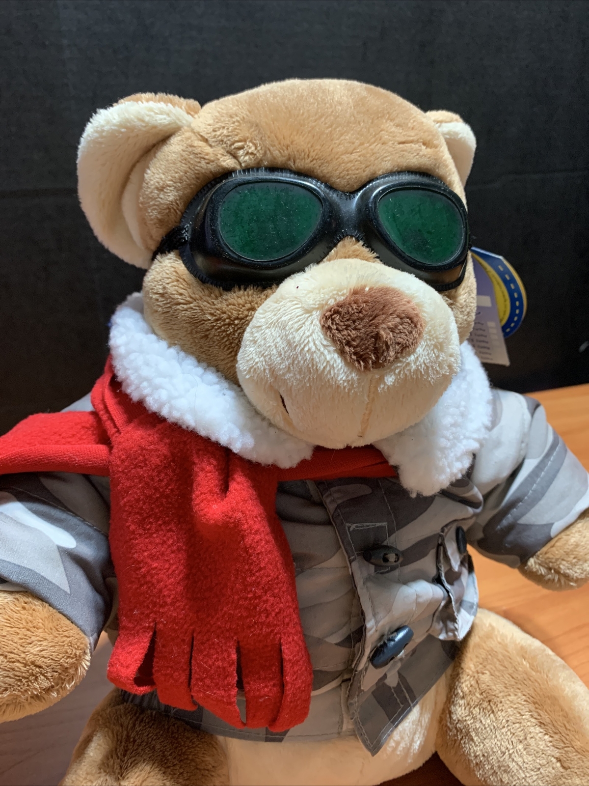 Vintage Pilot Goggles Bomber Jacket Camo Gray Teddy Christmas Build-A-Bear RARE