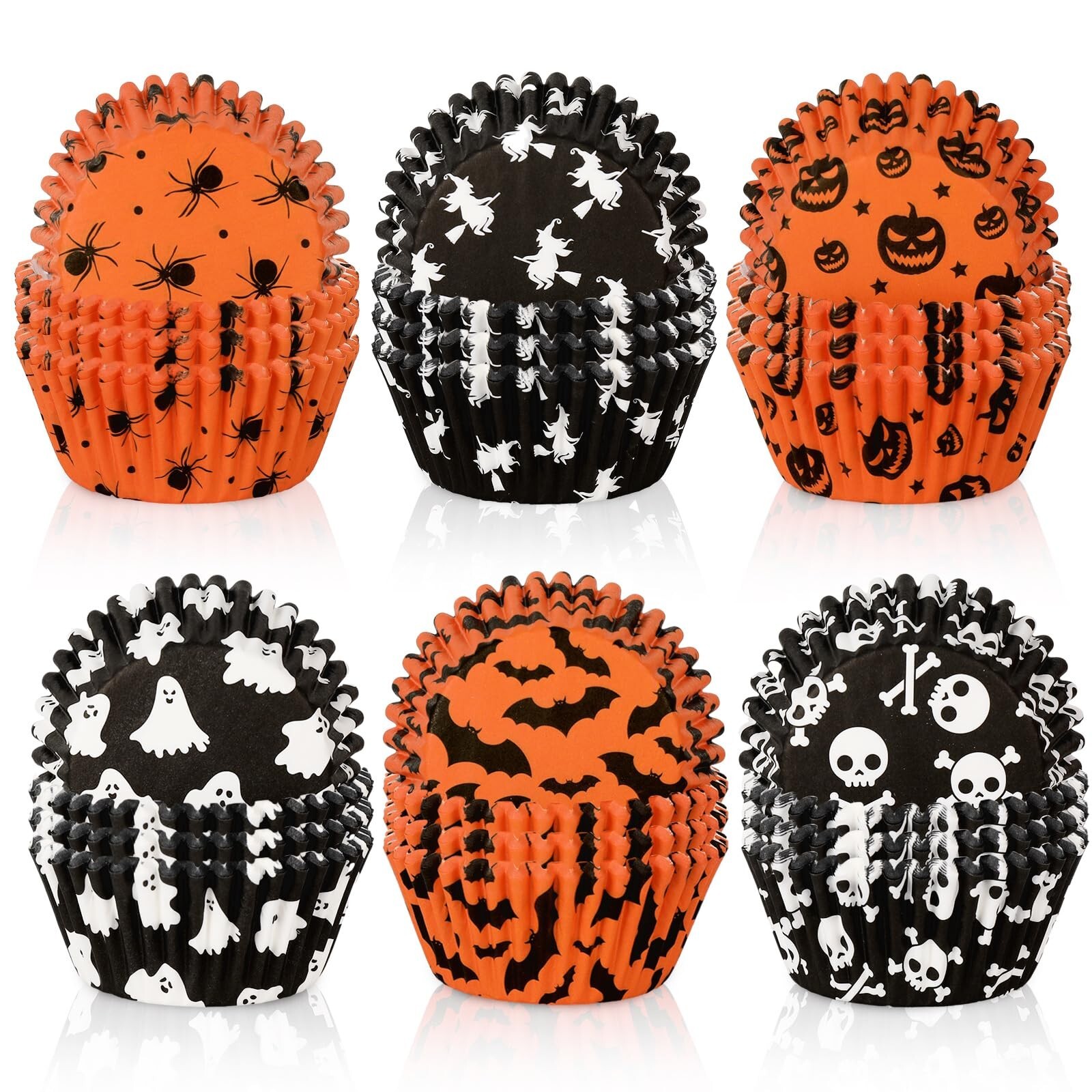 600Pcs Halloween Baking Cupcake Liners - Spooky Spider Witch Pumpkin Ghost Bat Skull Design