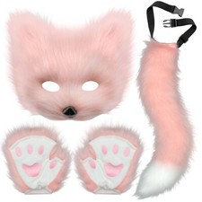 Therian Mask and Tail Set, Handmade Wolf Paw Gloves Faux Fur Fox Tail Cat Cos...