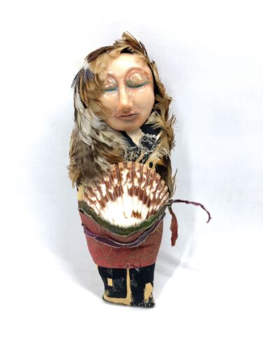 Polymer Clay Face Sleeping Spirit Doll Hand Made Shell Feather Detail - Picture 1 of 4