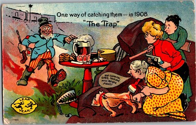 Leap Year 1908 Women Luring Man with Beer, Snacks Vintage Postcard U35