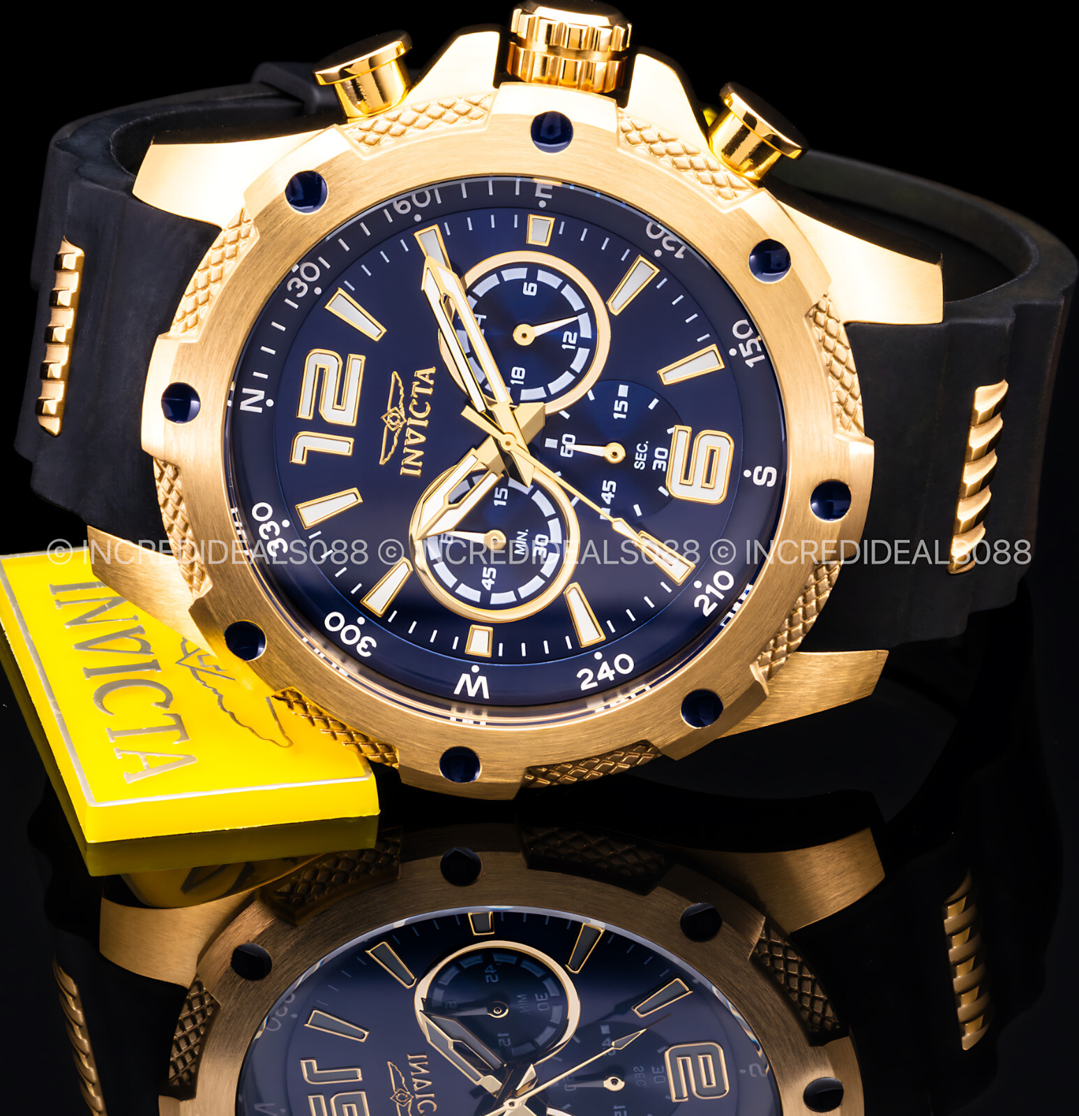 Invicta Men I-FORCE Chronograph 18Kt Gold Blue Dial Black Strap 50mm SS Watch