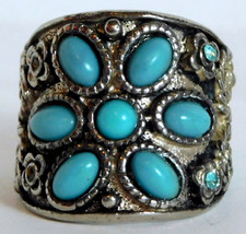 VINT WIDE CHUNKY FAUX TURQUOISE SILVER RING SZ 6-3/4