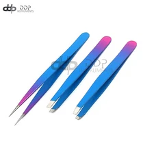 3 Slant & Pointed Tweezers Set Eyebrow Facial & Nose Hair (Sky Blue& Pink) Color