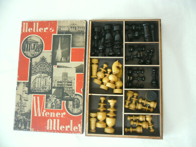 ALTES HOLZ SCHACH HANDARBEIT SET SCHATULLE BOX SIGNIERT LOURIE WIEN