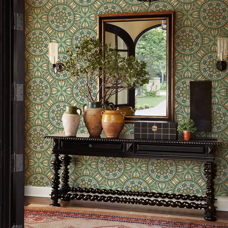 2 Rollos 17.3"X236" Boho Verde Círculo Papel Pintado Pelar y Pegar Gabinete Adhesivo Foto 2 de 4