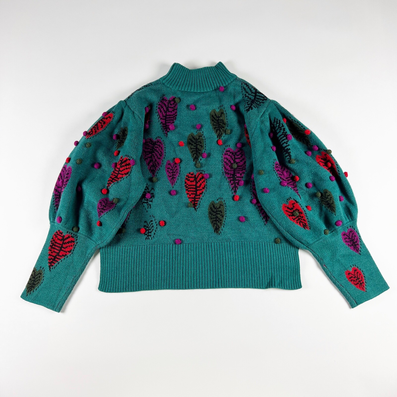 Farm Rio Monstera Hearts Wool Blend Crew Neck Pom Pom Embroidered Sweater  Large | eBay