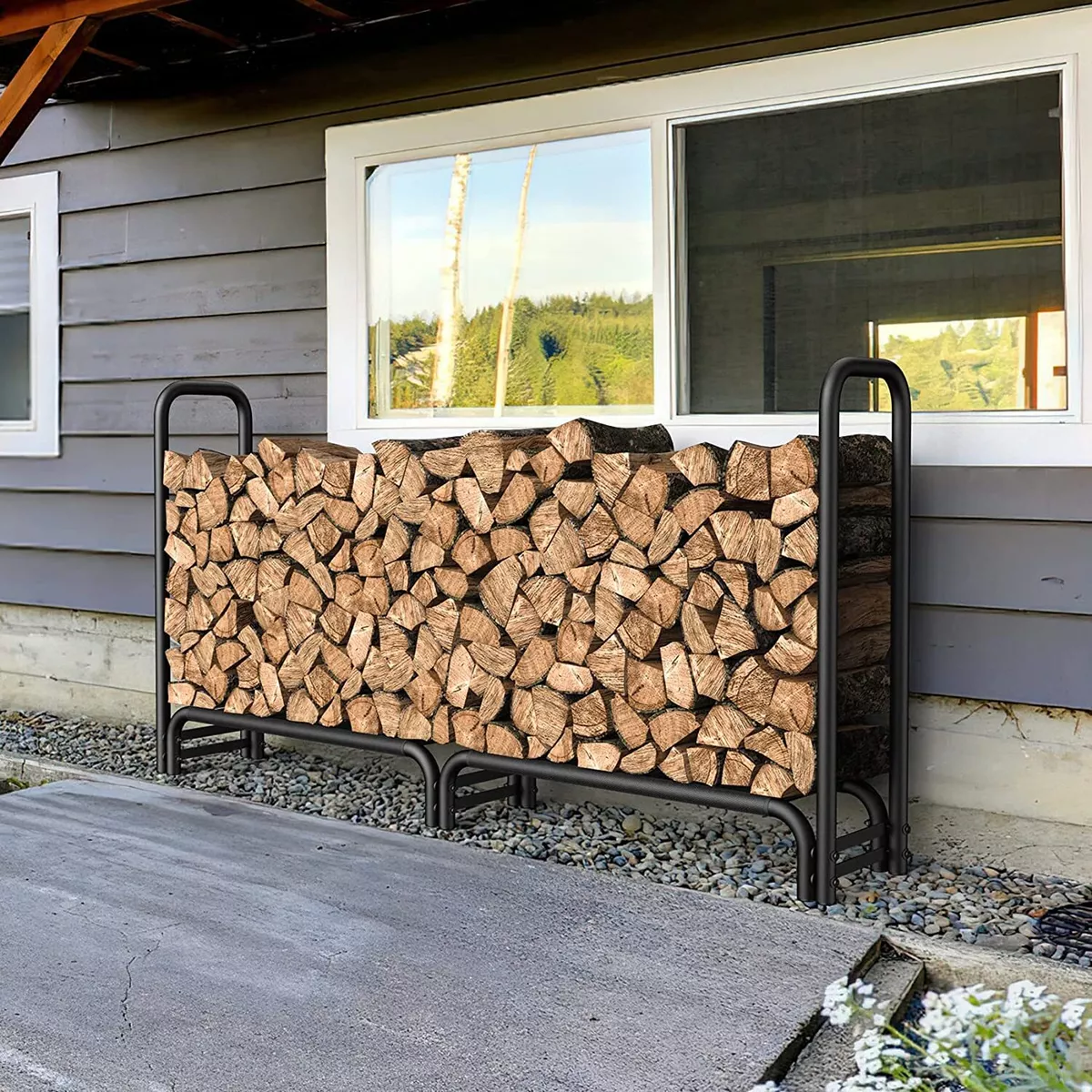 8 ft Firewood Rack Outdoor Wood Rack for Firewood Storage Rack with Poly Mesh