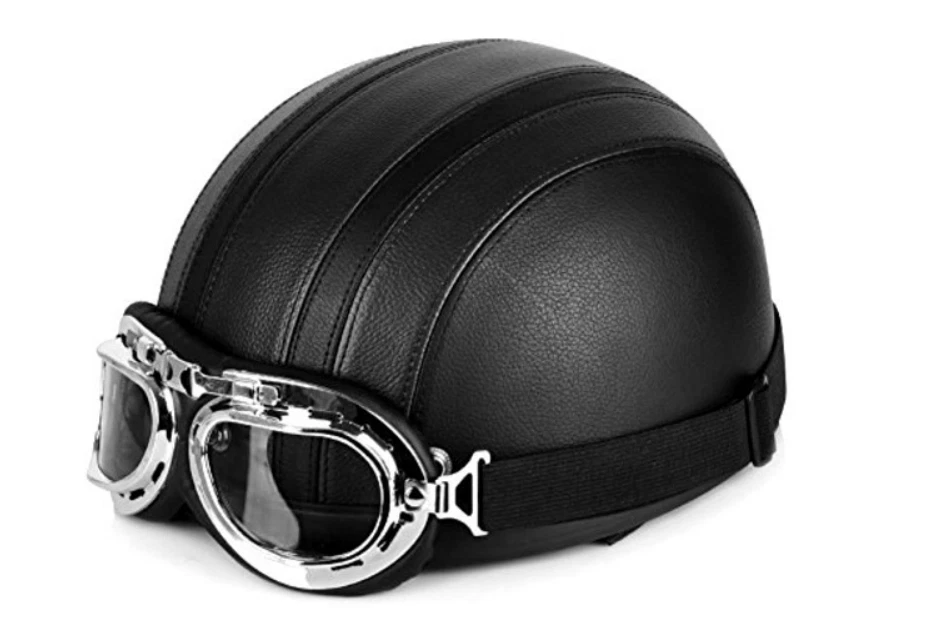 casque demi bol rétro noir brillant N10 avec lunettes aviateur