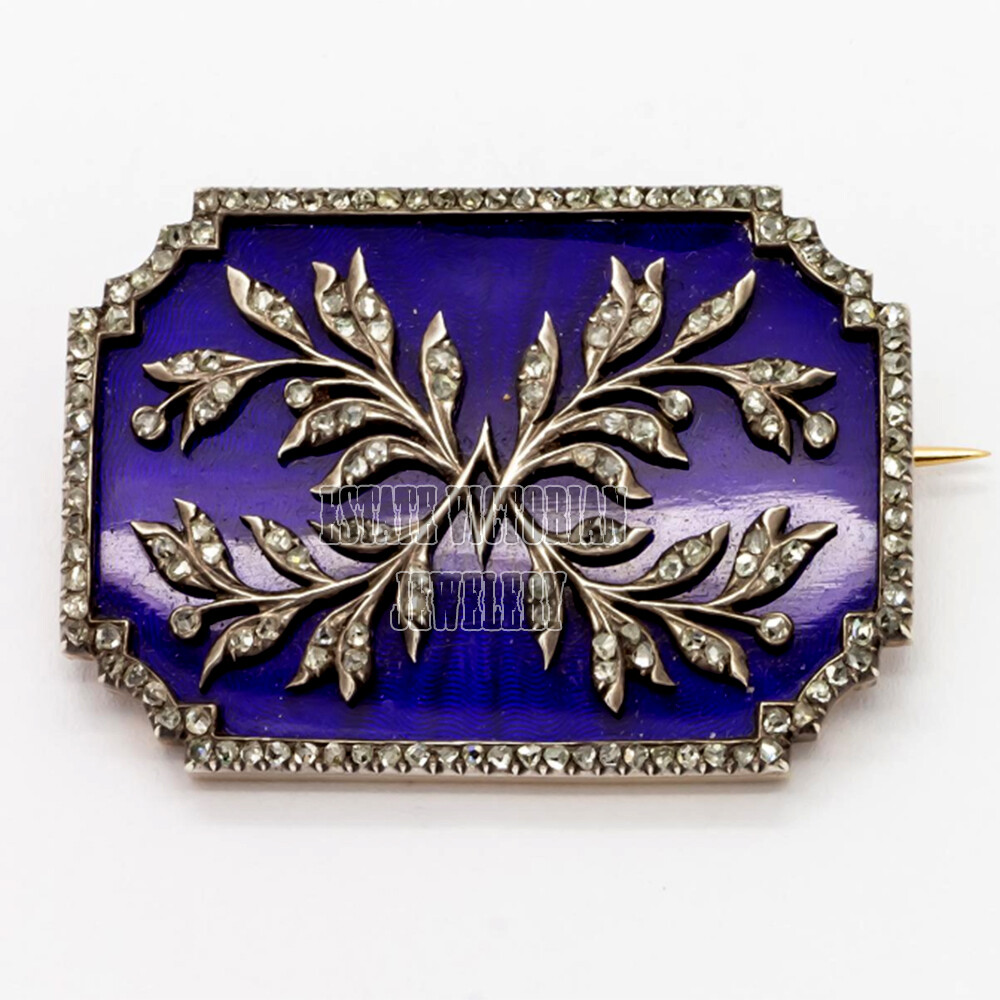 2.83ctw Genuine Old Mine Rose Cut Diamond Enamel Silver Victorian Brooch Jewelry-image