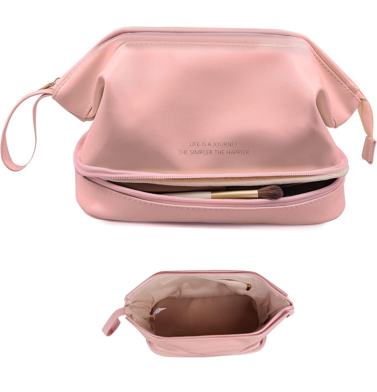 Makeup Bag,Double Layer Cosmetic Bag,Travel Essentials Makeup Bag,Leather Pink-image