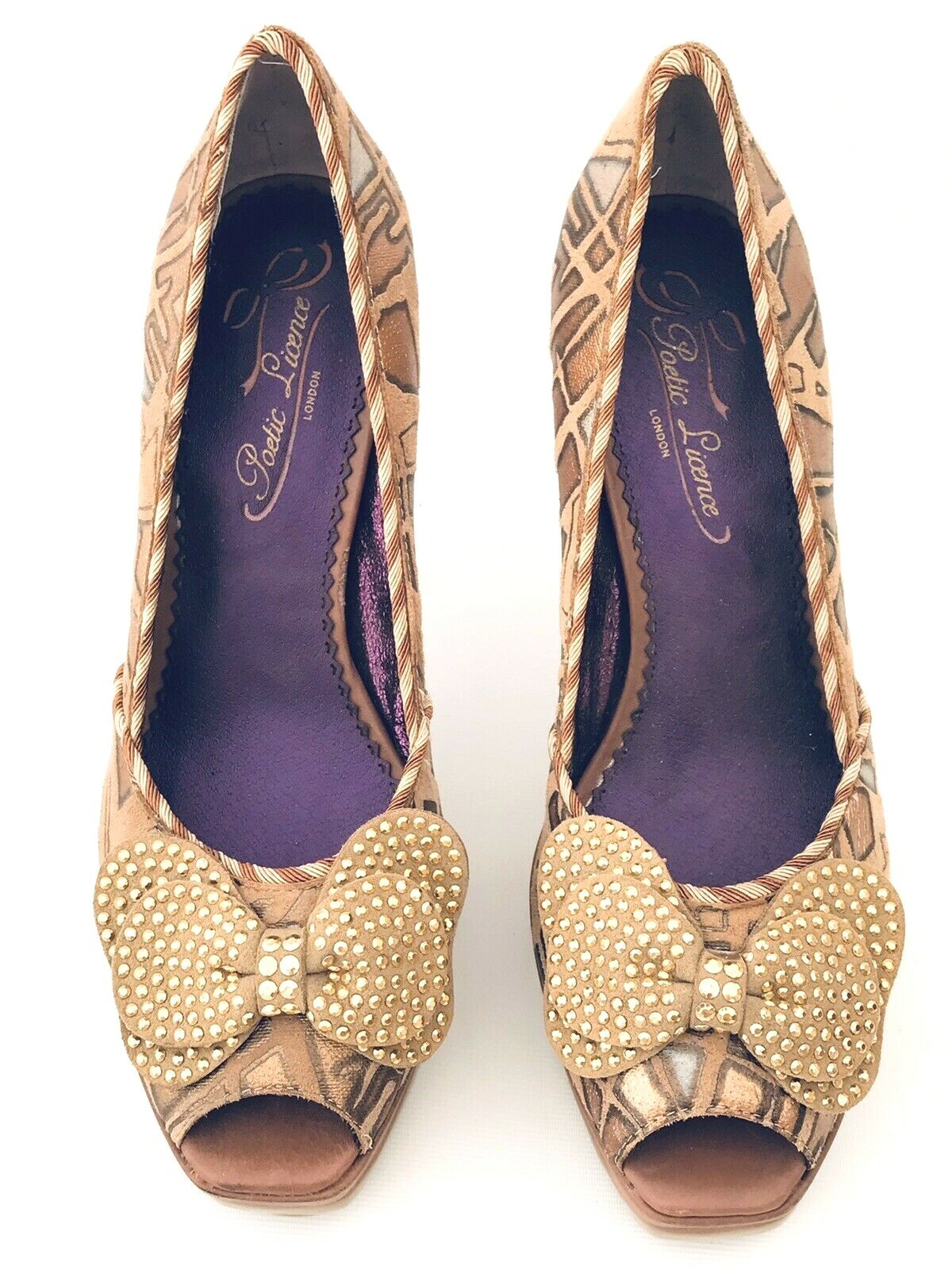 Poetic License Pumps Shoe Animal Print Bow Peep Toe High Heel Sz 7.5 Brown Deco