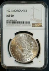 1921 MORGAN SILVER DOLLAR $1 COIN. NGC GRADED: MS 60. NGC CERT: VARIOUS
