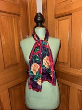 VTG Oscar de la Renta Studio Silk Long 52  x10" Floral Scarf Red Blue Fringe