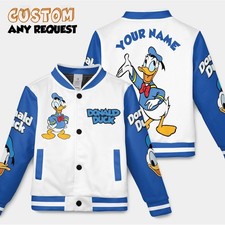 Custom Name Donald Duck Mickey  Friends Cartoon Blue White Baseball Jacket