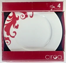Red Hawaiian Style  Dinner  Plates Ciroa Fiori Scroll  Set of 4  New In Box 10.5