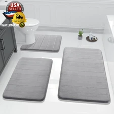 3 Pieces Memory Foam Bath Mat Set with U-Shaped Toilet Rug - Non Slip Super Soft
