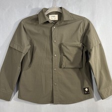 Zara Kids Boys Olive Shirt Shacket Size 8-9 130 Snap Closure Zip Cargo Pocket