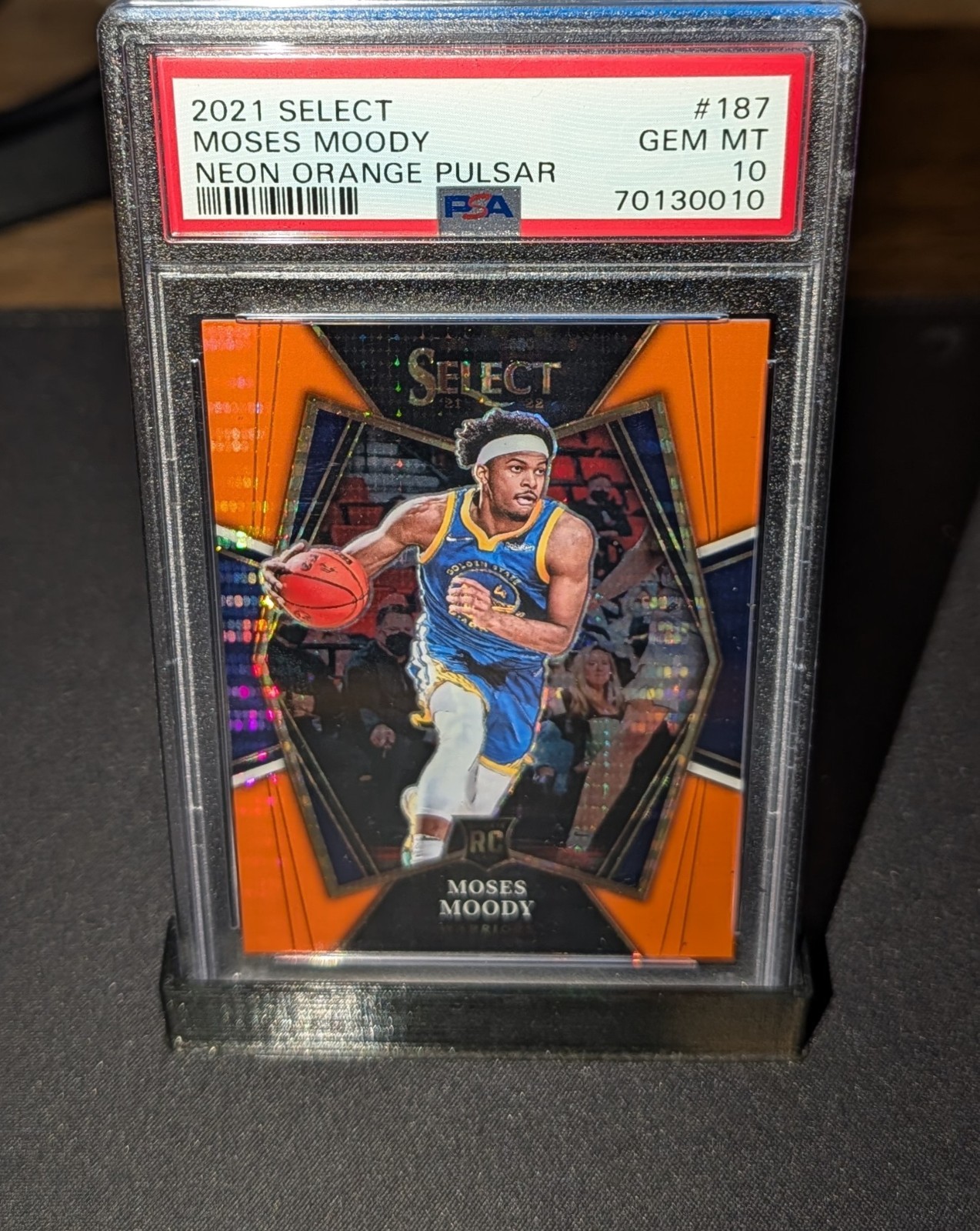2021-22 Select Moses Moody #187 Premier Rookie Neon Orange Pulsar 1/15 PSA 10