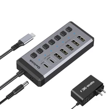 36W Powered USB3.2 Hub 7 Ports 1 USB-A 10Gbps 4 USB-A 3.0 Power Adapter Aluminum