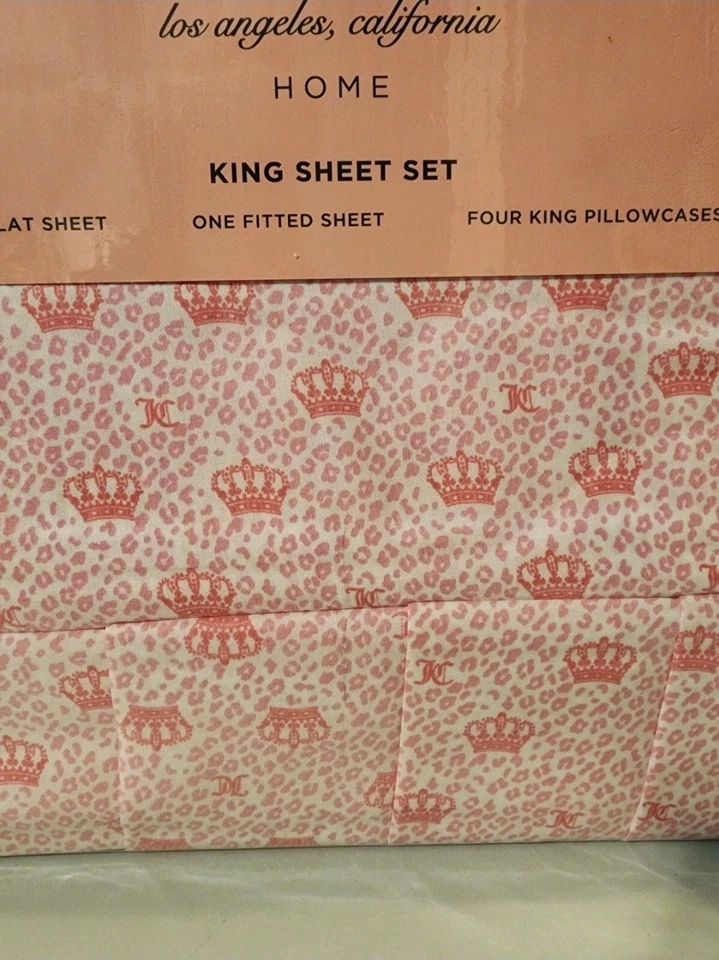 Juicy Couture King Sheet Set Pink Crown Leopard Print 6 Piece – 100% Cotton Soft - Image 2 of 4