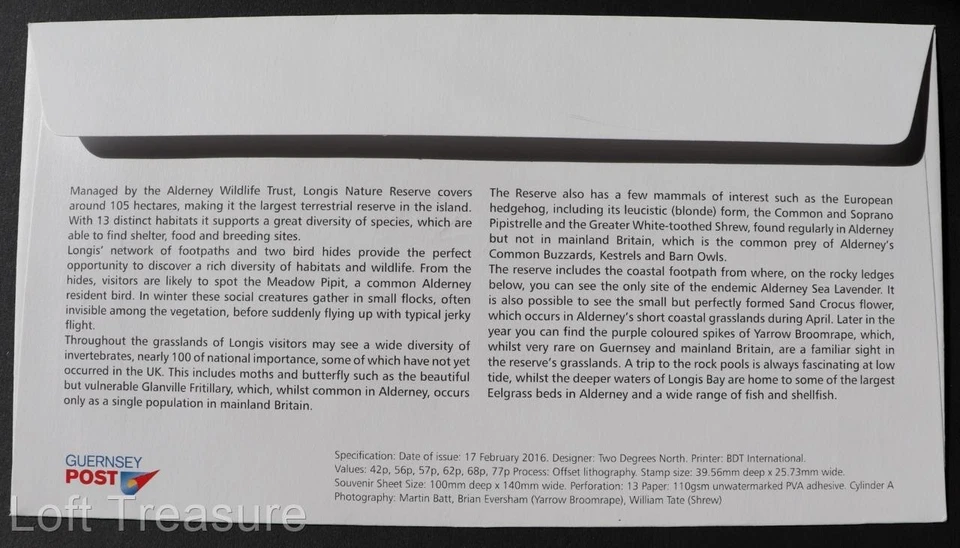Estampillas de Alderney: "Longis Nature Reserve" cubierta de primer día 2016 Foto 3 de 3
