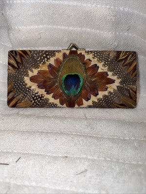 Vintage Lee Sands Genuine Peacock Pheasant Feather Leather Wallet/Clutch/Purse