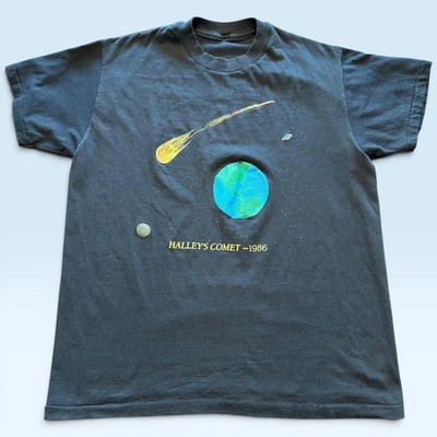 Vintage Halley's Comet Shirt Mens Large Black 1986 Space Graphic Tee T-Shirt