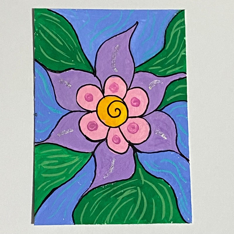 ACEO Original  "Pink & Purple Spiral Flower" Mixed Media Gouache Painting