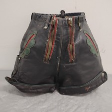 Vintage Kids Lederhosen German Bavarian Leather Shorts Double Zipper Oak Leaf