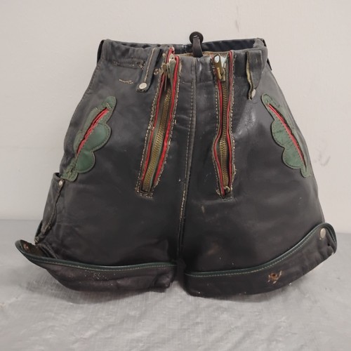 Vintage Kids Lederhosen German Bavarian Leather Shorts Double Zipper Oak Leaf