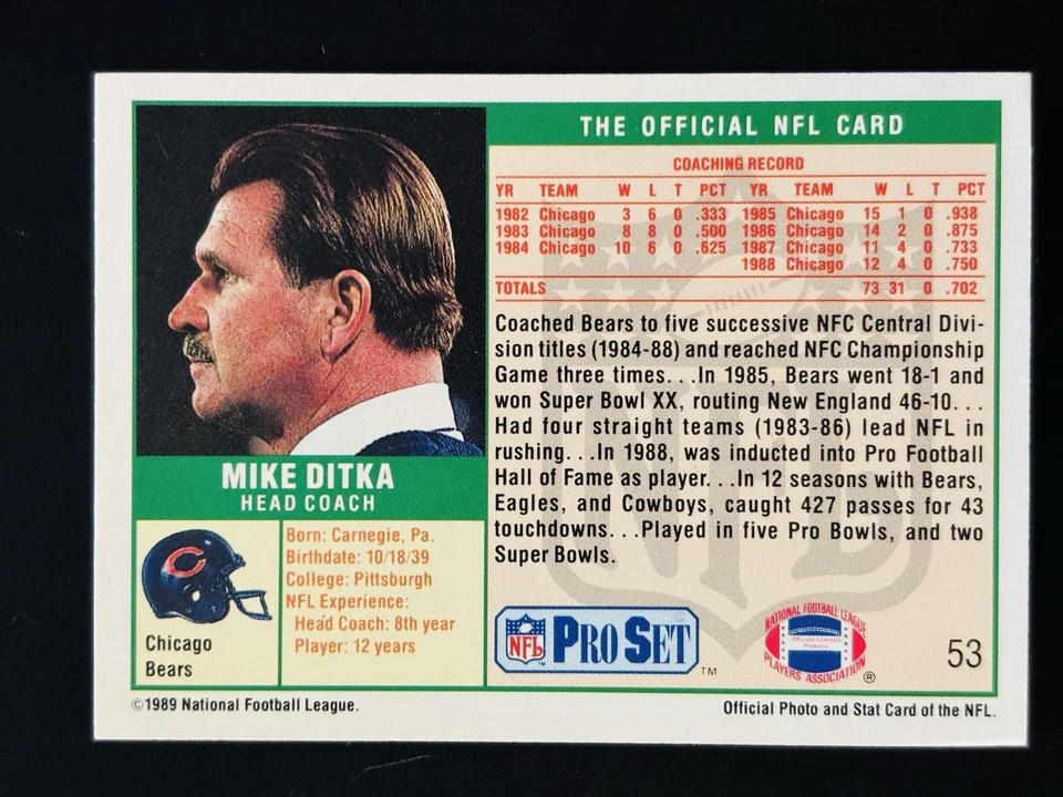 1989 Pro Set Mike Ditka Autographed Football Card Coach #53 Chicago Bears - Image 2 of 2