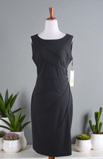 CALVIN KLEIN NWT $89 Solid Black Crepe Stretch Pleated Sheath Dress Size 8