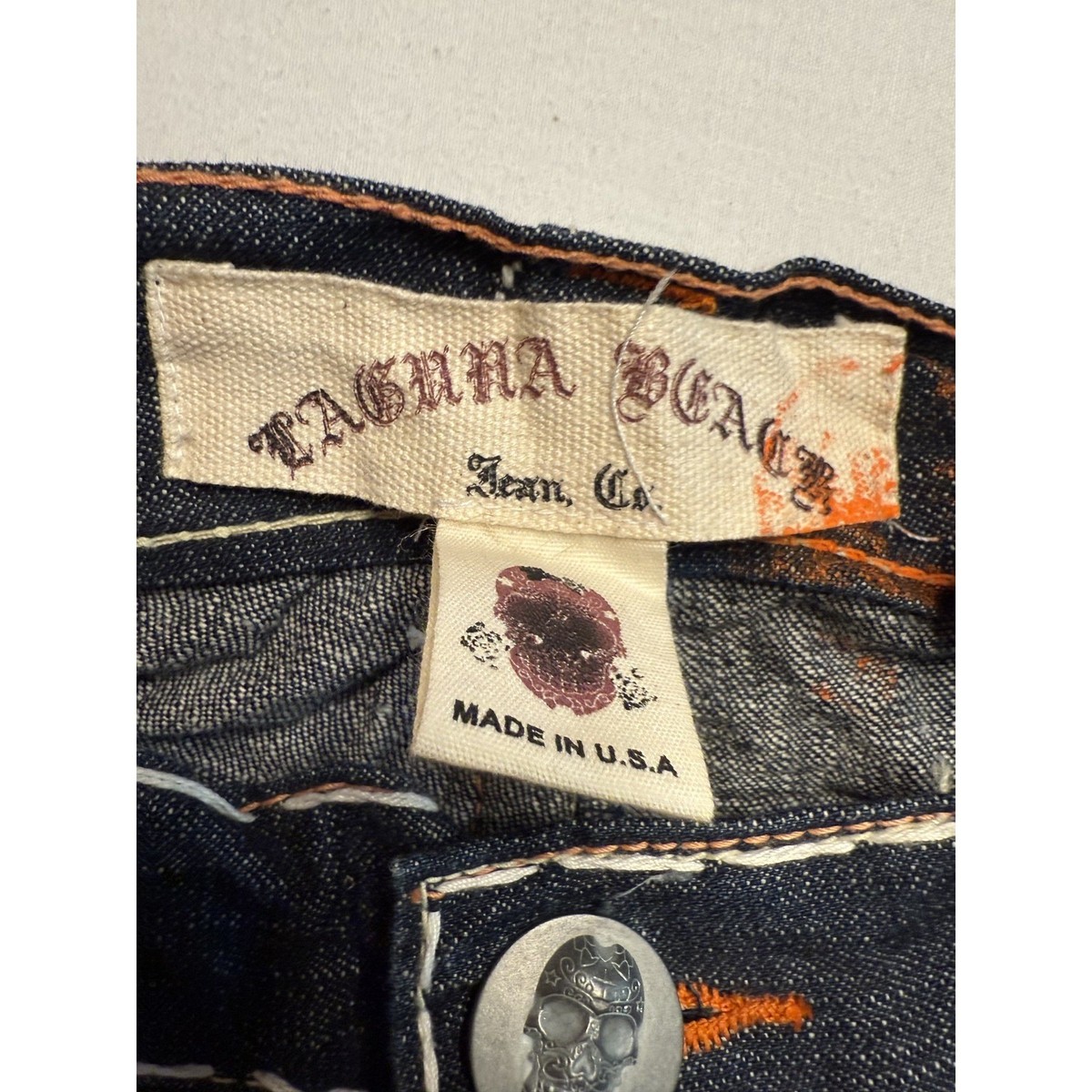 LAGUNA BEACH Jean Co. デニムパンツ ステッチ スカル Laguna Beach Jeans Mens 40 Swarovski Skull Hand Stitch Distressed