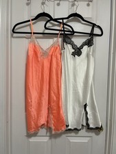 Victoria's Secret White Satin Nightgown Black Lace Trim  Orange Lingerie Slip