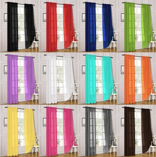 2 Piece Sheer Voile Rod Pocket Window Panel Curtain Drapes Many Sizes & Colors - Afbeelding 1 van 29