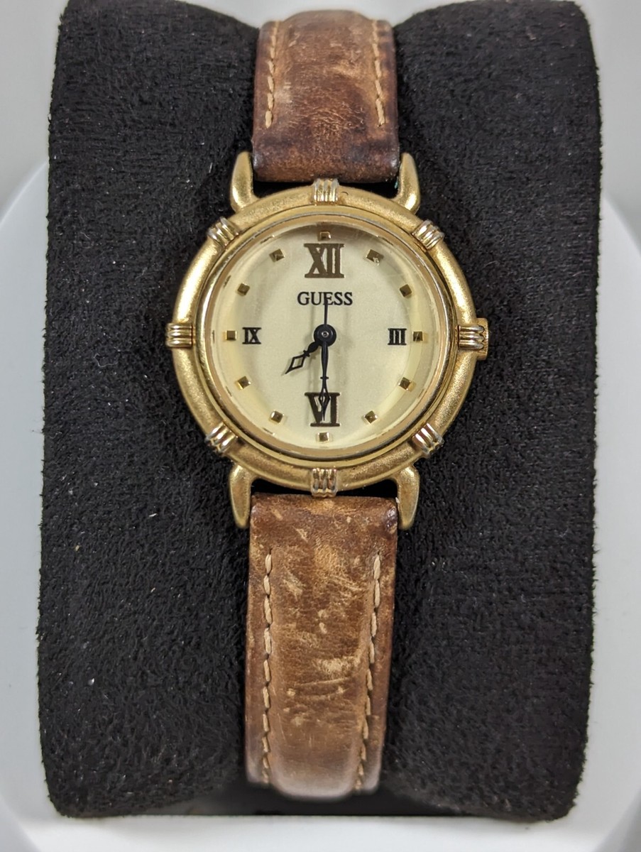 Vintage Guess 1996 Round Gold Tone Case Brown Leather Band Watch