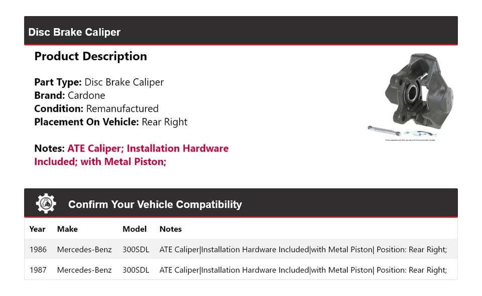 Задний правый суппорт дискового тормоза для Mercedes-Benz 300SDL 1986-1987 годов выпуска - Изображение 2 из 4
